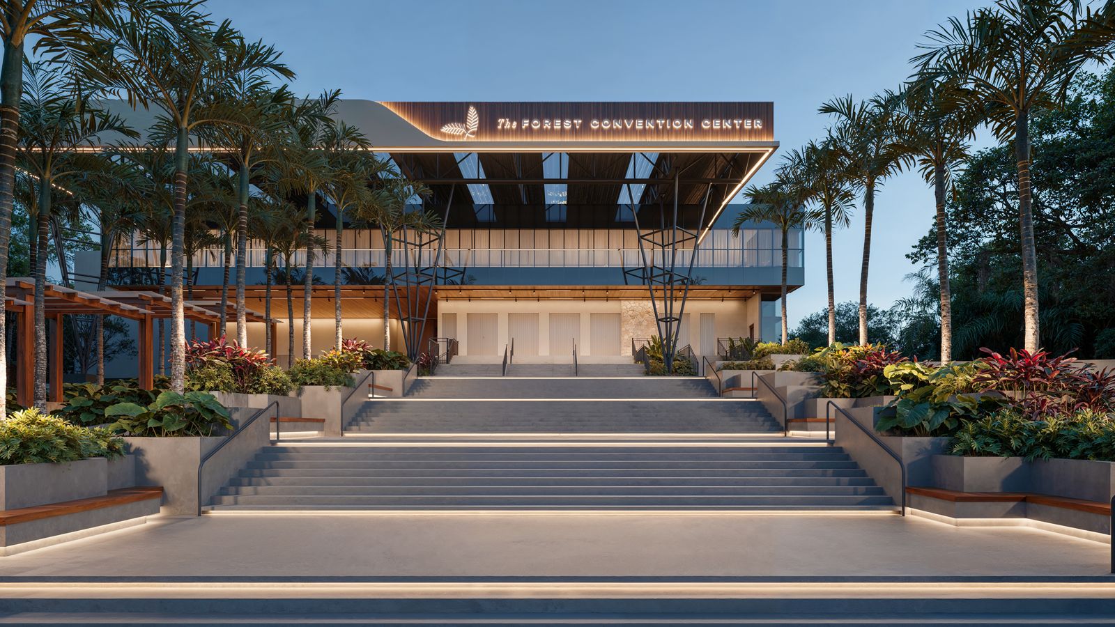Fachada do The Forest Convention Center ao entardecer
